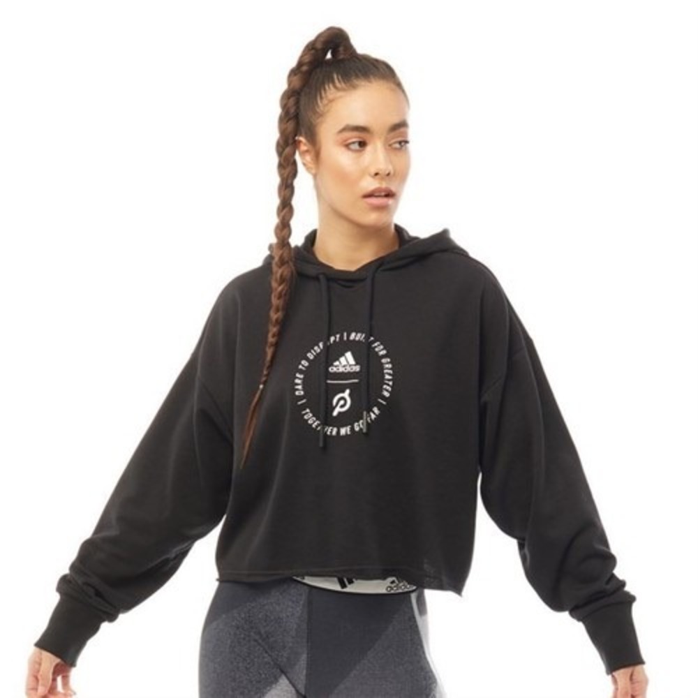 Adidas x Peloton Womens Black Cropped Graphic Hoodie Sweatshirt Large L Pullover